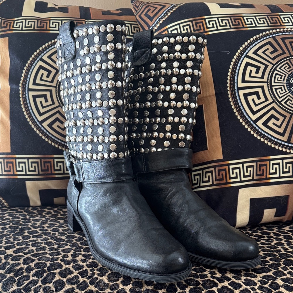 Stuart Weitzman Black Studded Moto Boots